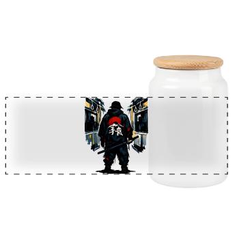 Urban Ninja with Red Sun - Panoramic Cookie Jar with Wooden Lid - white - Front