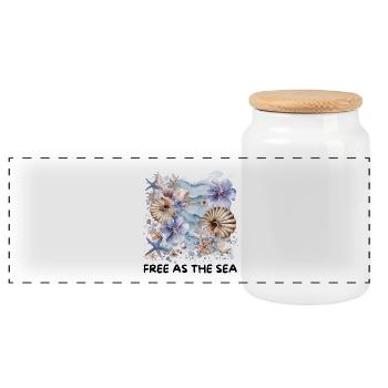 Watercolor Shells & Starfish Coastal Flowers Design - Panoramic Cookie Jar with Wooden Lid - white - Front