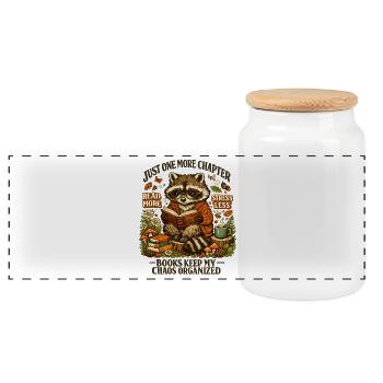 Cozy Raccoon Reading Chaos Organizer - Panoramic Cookie Jar with Wooden Lid - white - Front