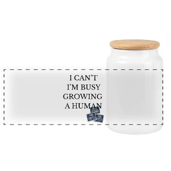 busy growing a human - Panoramic Cookie Jar with Wooden Lid - white - Front