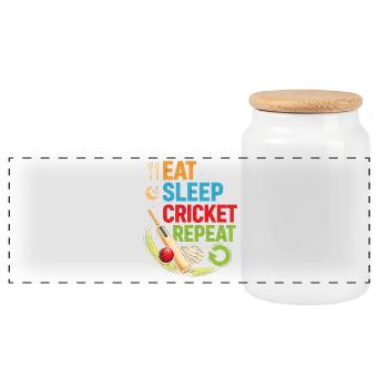 Cricket Food Sleep Repeat - Panoramic Cookie Jar with Wooden Lid - white - Front