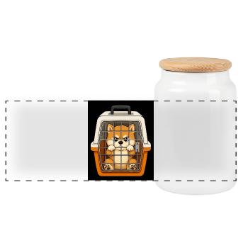Grumpy dog in suitcase box design - Panoramic Cookie Jar with Wooden Lid - white - Front
