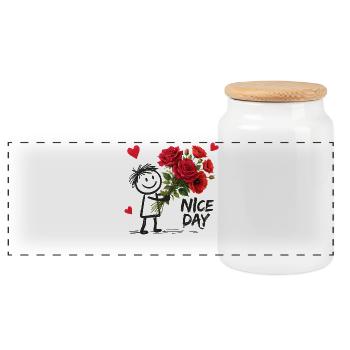 Nice Day stick figure with roses - Panoramic Cookie Jar with Wooden Lid - white - Front