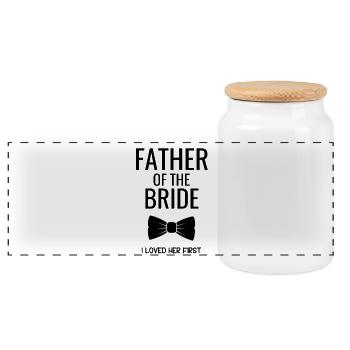 Father Bride Bowtie - Panoramic Cookie Jar with Wooden Lid - white - Front