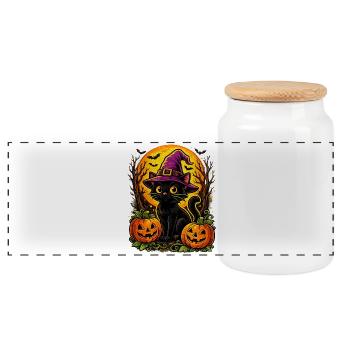 Chat noir avec chapeau de sorcière pour Halloween - Boîte à biscuits avec couvercle en bois - blanc - Devant