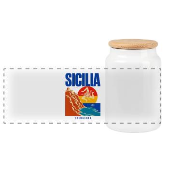 Sicilia Travel Poster, Trinacria Sicilian Flag Pri - Panoramic Cookie Jar with Wooden Lid - white - Front