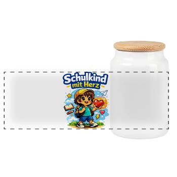Schulkind mit Herz und vieles mehr - Panorama Keksdose mit Holzdeckel - Weiß - Vorne