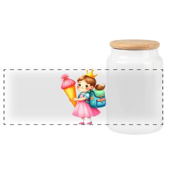 Little Princess with Crown & School Cone – School - Panoramic Cookie Jar with Wooden Lid - white - Front