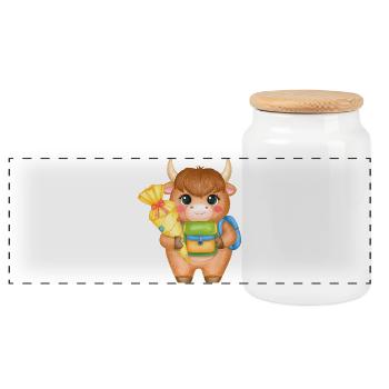 Vache Highland avec cône d’école et sacoche – École - Boîte à biscuits avec couvercle en bois - blanc - Devant