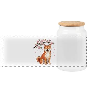 Shiba Inu Cherry Blossom Sakura Doge - Panoramic Cookie Jar with Wooden Lid - white - Front