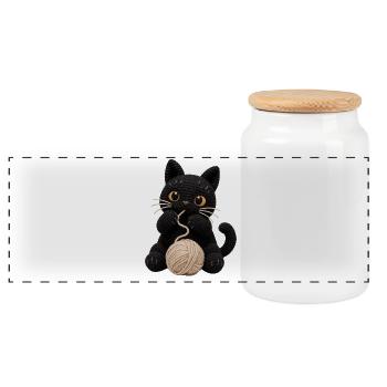 Gehäkelte schwarze Katze Häkel Katze Kätzchenknöpfe - Panorama Keksdose mit Holzdeckel - Weiß - Vorne