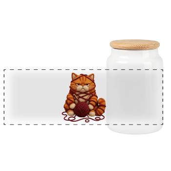 Crochet Cat Lover Gift - Panoramic Cookie Jar with Wooden Lid - white - Front