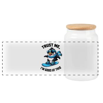 Penguin Snowboard Winter Sports Saying - Panoramic Cookie Jar with Wooden Lid - white - Front