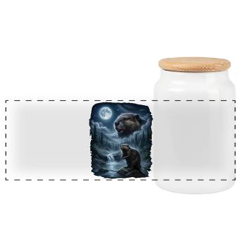 Beaver howls on moon 90s retro - Panoramic Cookie Jar with Wooden Lid - white - Front