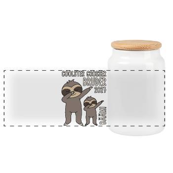 Coolster Großer Bruder 2027 Bääm! Dabbing Faultier - Panorama Keksdose mit Holzdeckel - Weiß - Vorne