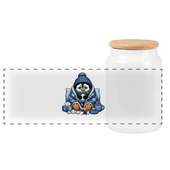 Winterpinguin Kuschel-Outfit mit Erkältung - Panorama Keksdose mit Holzdeckel - Weiß - Vorne