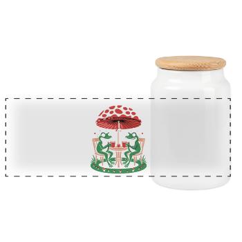 Happy frogs coffee break under mushroom umbrella - Panoramic Cookie Jar with Wooden Lid - white - Front