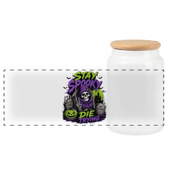 Stay Spooky or Die Trying – Halloween Skull - Panorama Keksdose mit Holzdeckel - Weiß - Vorne