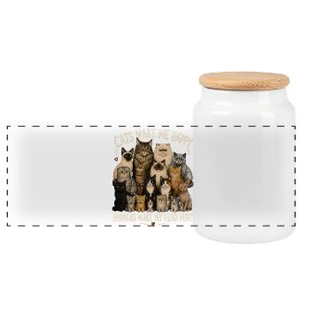 Cats Gather: Feline Crew Cheer - Panoramic Cookie Jar with Wooden Lid - white - Front