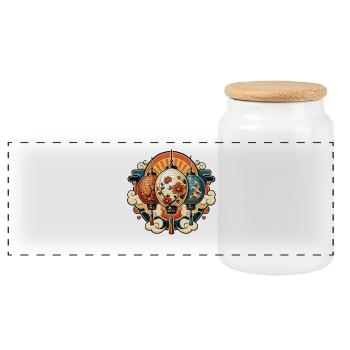 Chinese lanterns with flowers and koi - Panoramic Cookie Jar with Wooden Lid - white - Front