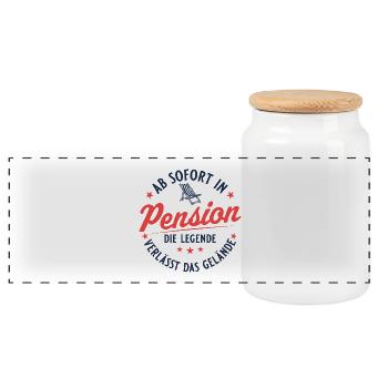Pensionierung Retro Liegestuhl Abschied Pension - Panorama Keksdose mit Holzdeckel - Weiß - Vorne