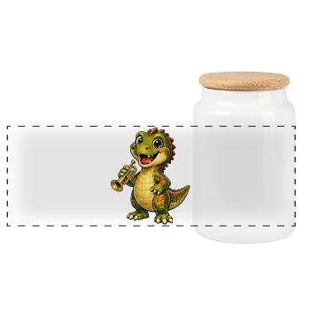 Dino mit Trompete - Panorama Keksdose mit Holzdeckel - Weiß - Vorne