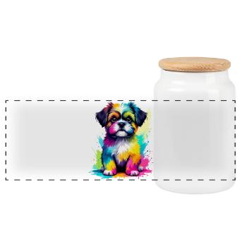 Bunter Shih Tzu Welpe Farbexplosion - Panorama Keksdose mit Holzdeckel - Weiß - Vorne