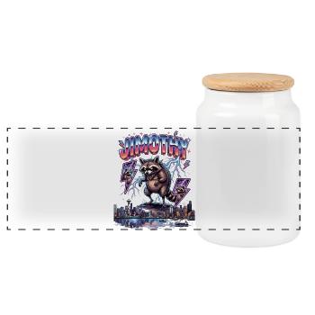 JIMOTHY Waschbär Retro - Panorama Keksdose mit Holzdeckel - Weiß - Vorne