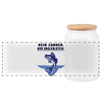 Anglerlatein Spruch – Zander Angler Motiv - Panorama Keksdose mit Holzdeckel - Weiß - Vorne
