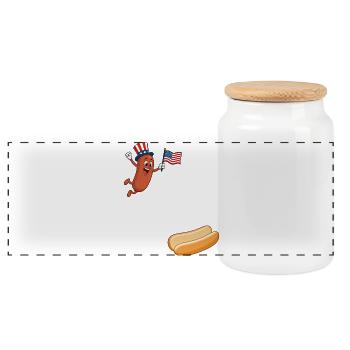 Hotdog jumps into the bun – Hotdog for the 4th of July - Panoramic Cookie Jar with Wooden Lid - white - Front