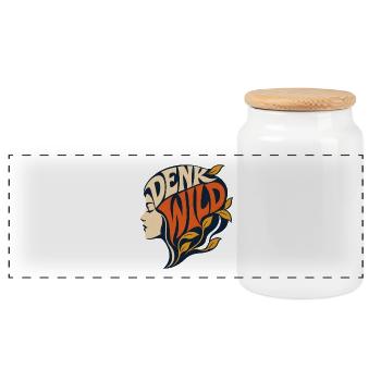 Denk Wild – Retro Silhouette Frau & Hippie - Panorama Keksdose mit Holzdeckel - Weiß - Vorne