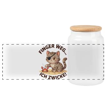 Katze Krabbe Finger weg Spruch - Panorama Keksdose mit Holzdeckel - Weiß - Vorne