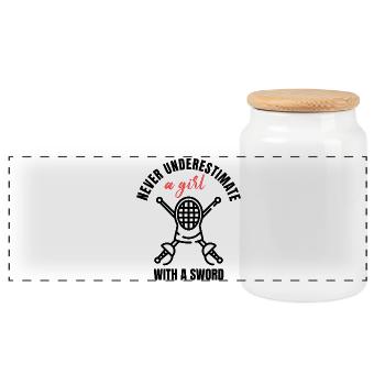 Fencing Girl Power - Panoramic Cookie Jar with Wooden Lid - white - Front