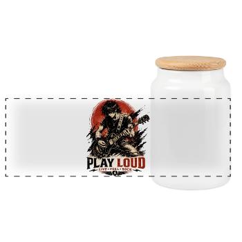 Play Loud Gitarren-Motiv - Panorama Keksdose mit Holzdeckel - Weiß - Vorne