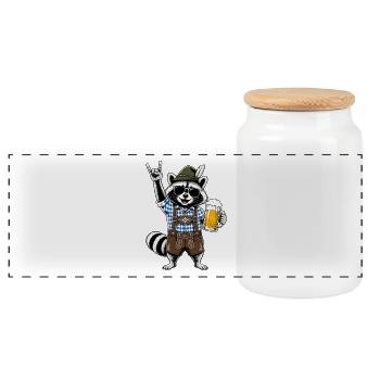 Waschbär in Lederhose mit Bier und Rockgruß - Panorama Keksdose mit Holzdeckel - Weiß - Vorne