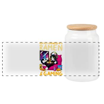 Gamer Gaming Cat Ramen Video Game - Panoramic Cookie Jar with Wooden Lid - white - Front