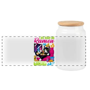 Gamer Gaming Cat Ramen Video Game - Panoramic Cookie Jar with Wooden Lid - white - Front