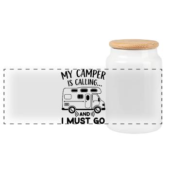 My Camper is calling and I must go funny Camping - Panoramic Cookie Jar with Wooden Lid - white - Front