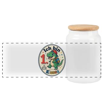 Dino 1. Klasse Schulfreude - Panorama Keksdose mit Holzdeckel - Weiß - Vorne