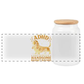 Funny Basset Hound Dog Breed ADHD - Panoramic Cookie Jar with Wooden Lid - white - Front