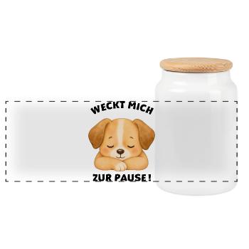 Klassentier Hund "Weckt mich zur Pause!" - Panorama Keksdose mit Holzdeckel - Weiß - Vorne