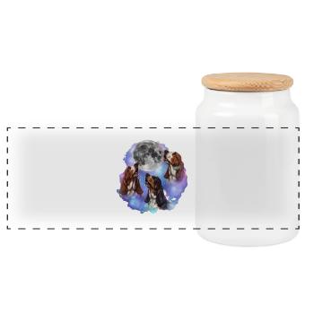 3 Basset Hounds Howling At Moon - Dog Mom Dad - Panoramic Cookie Jar with Wooden Lid - white - Front