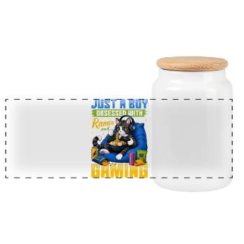 Gamer Gaming Cat Ramen Video Game - Panoramic Cookie Jar with Wooden Lid - white - Front
