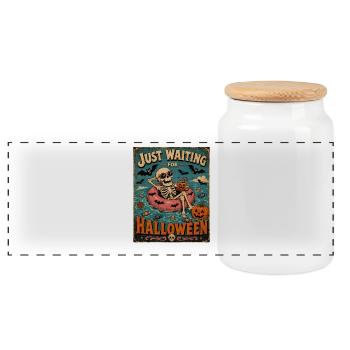 Attendant l’anticipation du squelette d’Halloween - Boîte à biscuits avec couvercle en bois - blanc - Devant