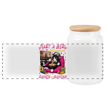Gamer Gaming Cat Ramen Video Game - Panoramic Cookie Jar with Wooden Lid - white - Front