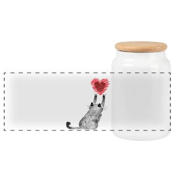 Heart paw cat grabs heart - Panoramic Cookie Jar with Wooden Lid - white - Front