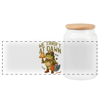 We Thrift at Dawn Frog - Panoramic Cookie Jar with Wooden Lid - white - Front
