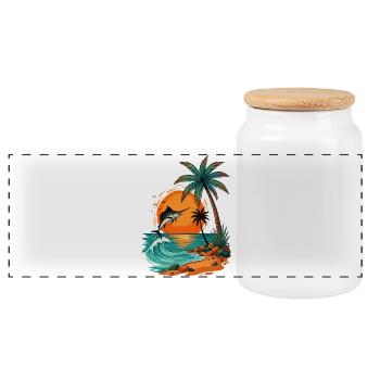 Jumping Fish at Tropical Sunset Palm Sea Beach - Panoramic Cookie Jar with Wooden Lid - white - Front