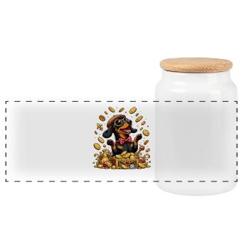 Gold Treasure Dachshund Deluxe - Panoramic Cookie Jar with Wooden Lid - white - Front
