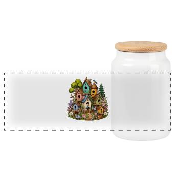 Colorful Bird Feeder Wilderness - Panoramic Cookie Jar with Wooden Lid - white - Front